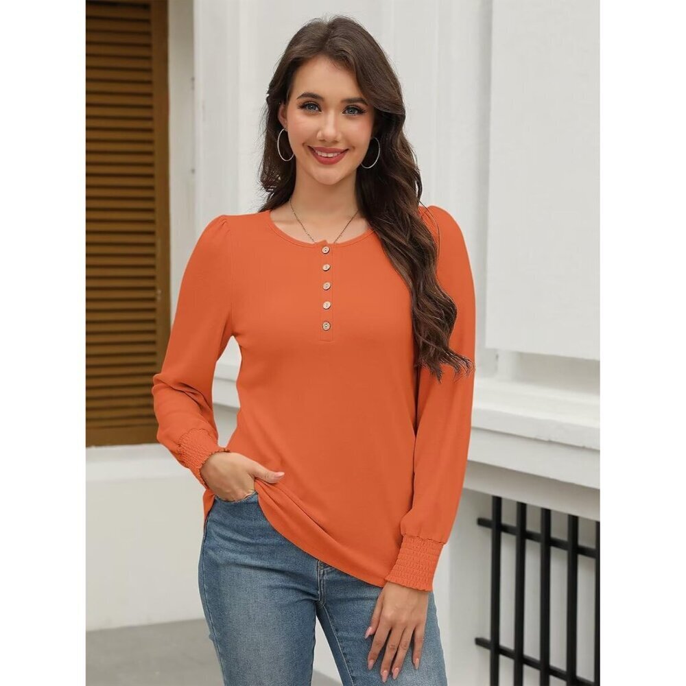 Womens Long Sleeve Henley Blouse Smocked Puff Sleeve Casual Top - Picture 2 of 6